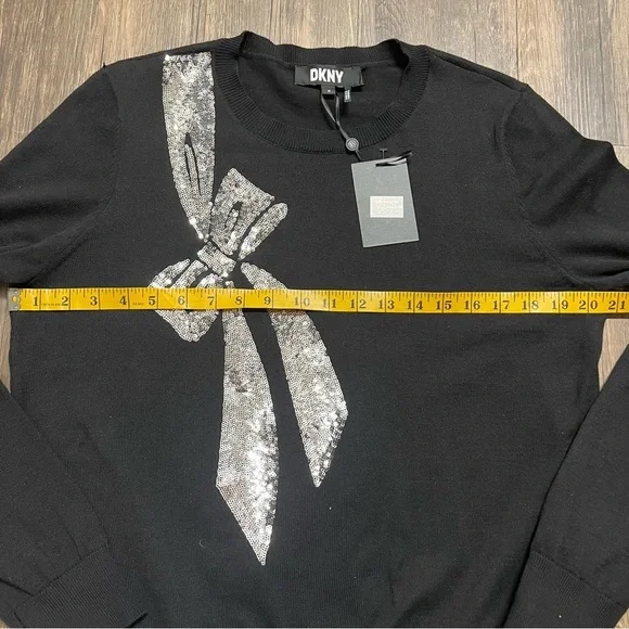 NWT DKNY Sequin Silver Bow Long Sleeves Round Neck Black Cotton Sweater Top M - Picture 12 of 12